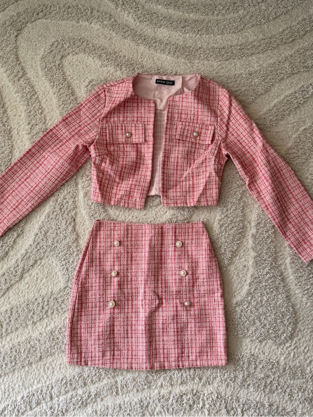 Pink Tweed Two-Piece Skirt Set